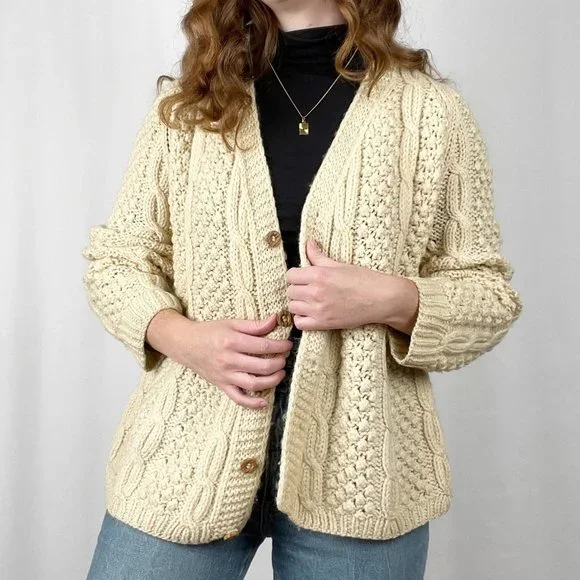 Vintage Hand Knit Oversized Cable Knit Aran Fisherman Cardigan Sweater Grandpa - Picture 13 of 13